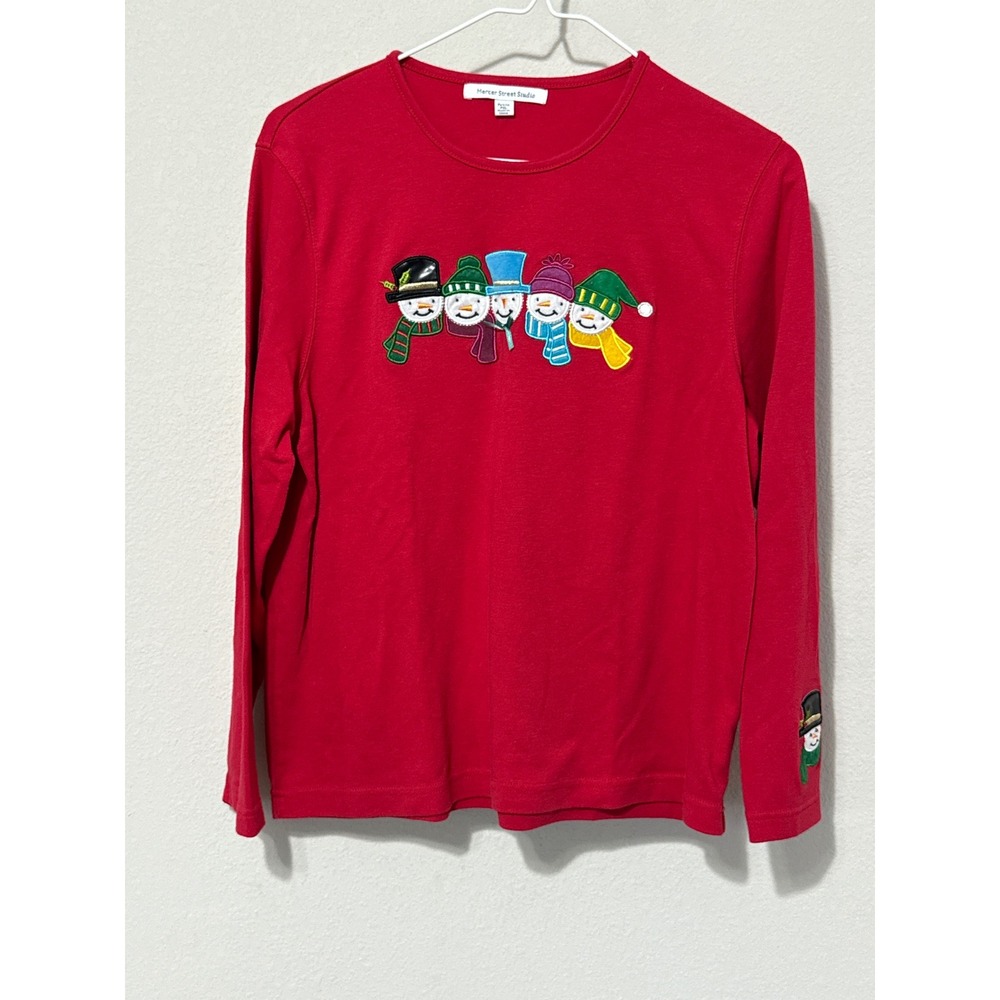 Mercer Street Studio Snowman Graphic Top Womens PXL Red Embroidered Christmas